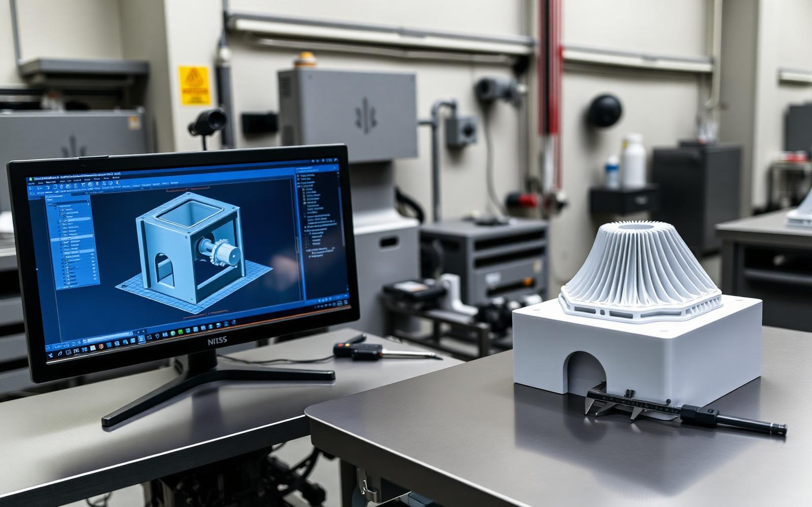 CAD model on screen beside the matching 3D printed physical prototype