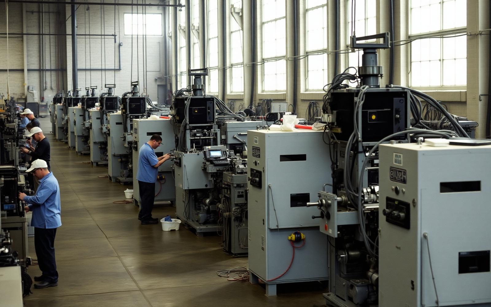 Workers operating injection molding and machining equipment on a domestic factory floor with daylight from high windows