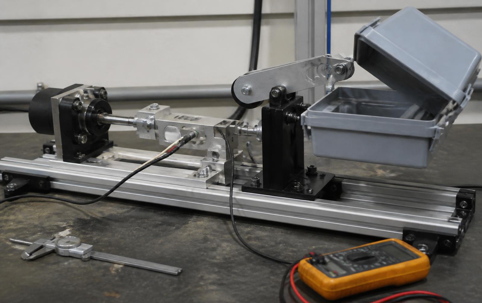 Custom durability test rig cycling a hinged plastic enclosure with a load cell, calipers and a multimeter on the bench