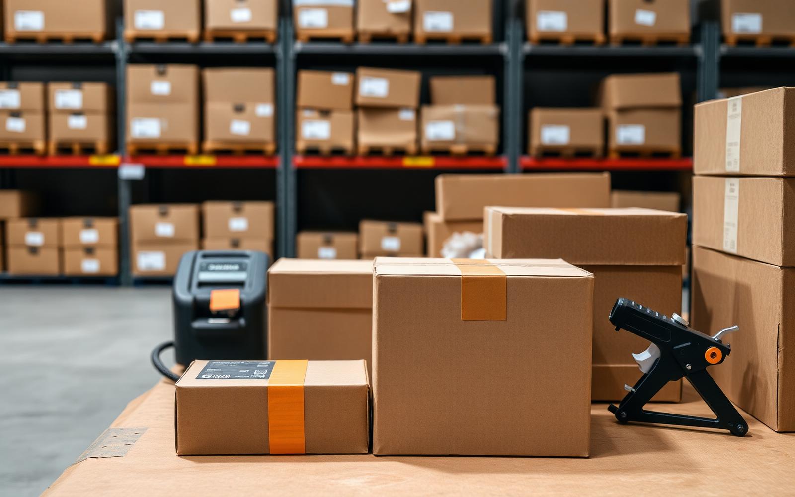 Labeled shipping cartons and a barcode label printer on a packing bench in a fulfillment warehouse, prepared for a new product launch