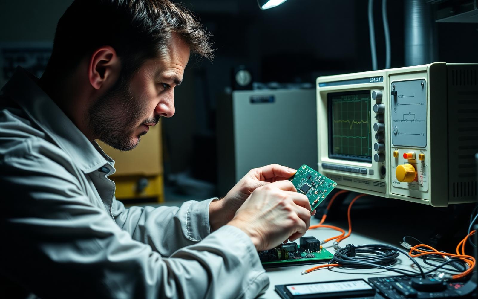 Electronics engineer probing a populated PCB prototype with an oscilloscope on a lab bench