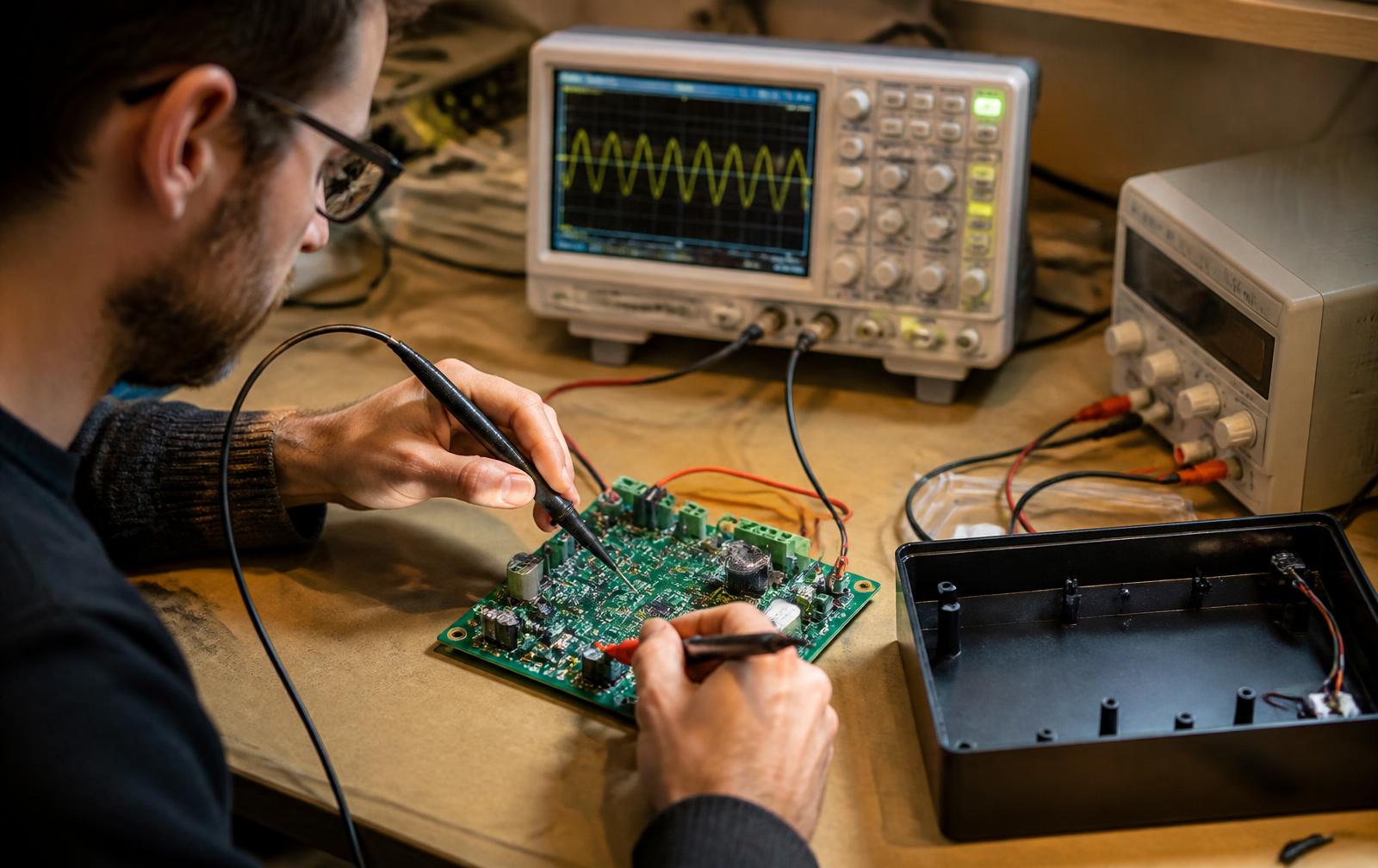Engineer probing a custom green PCB with an oscilloscope on a workbench next to a plastic enclosure