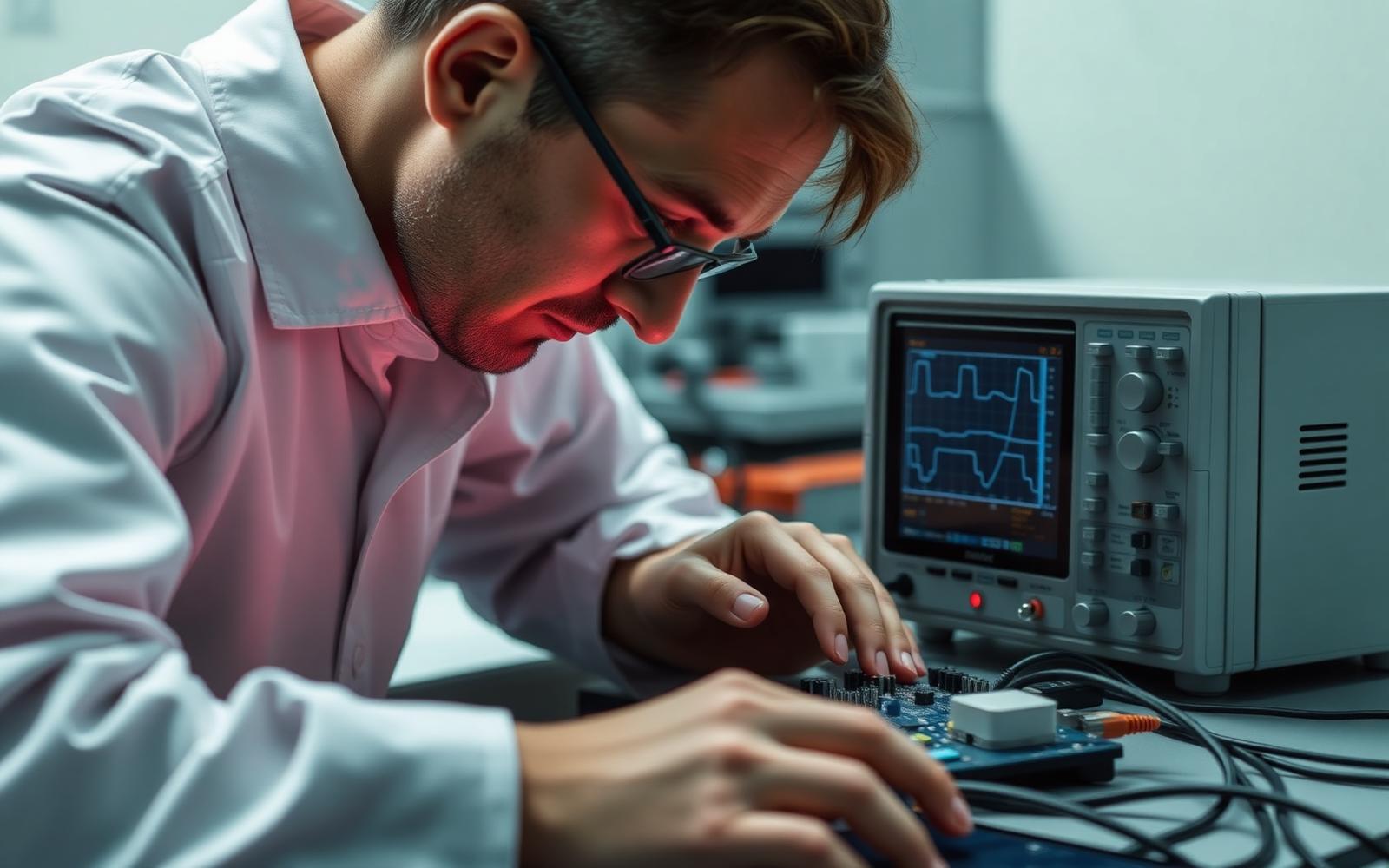 Electronics engineer probing a bare circuit board prototype with an oscilloscope at a laboratory bench