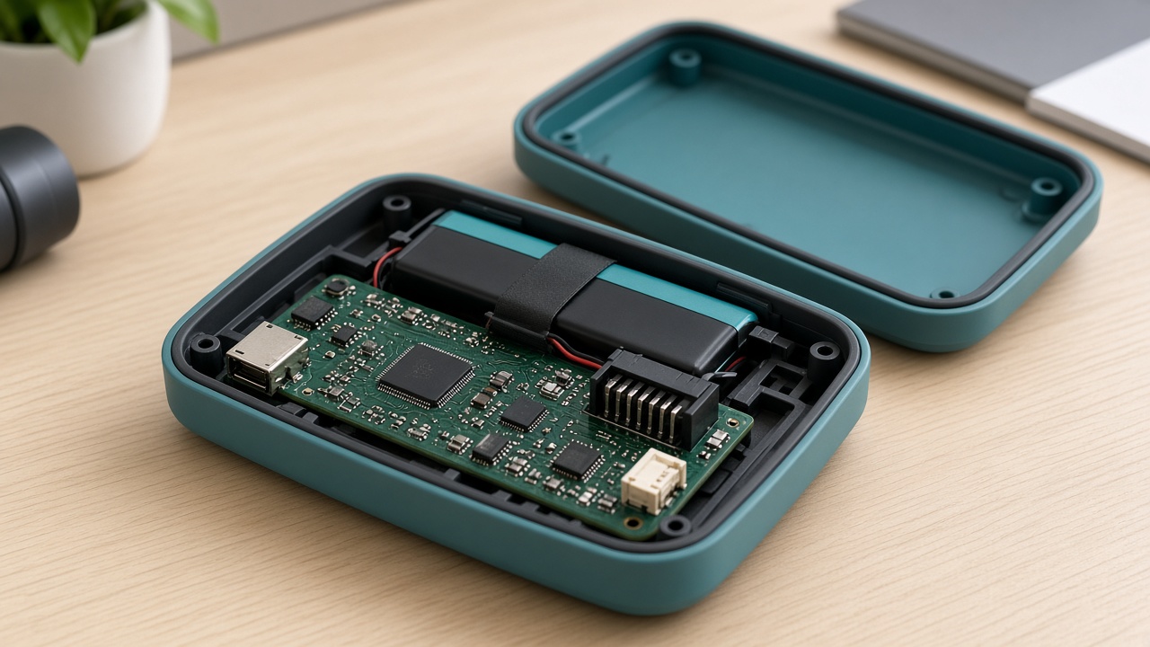 Open teal electronics enclosure with PCB, battery, and gasket on a workbench