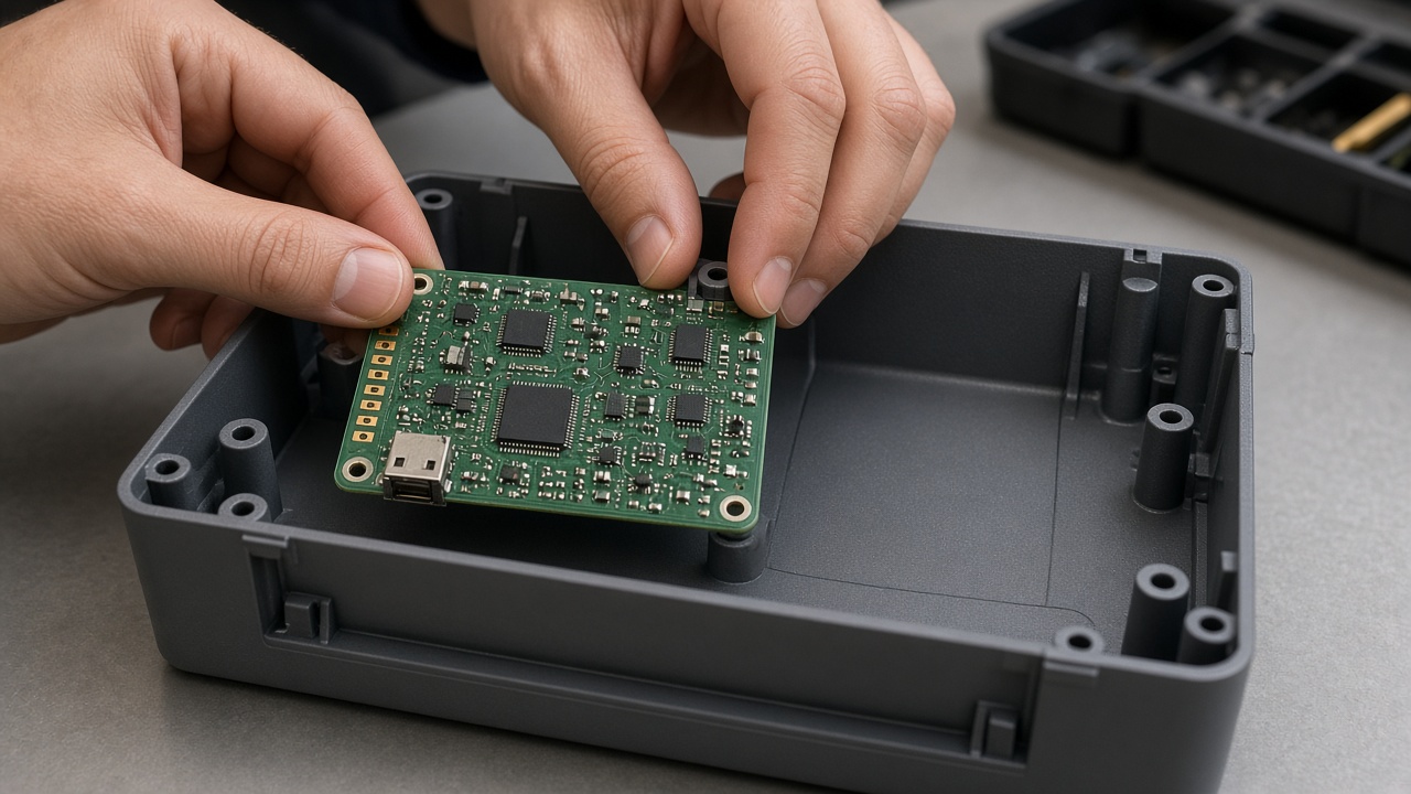 Hands seating a populated PCB into a custom plastic housing with mounting bosses