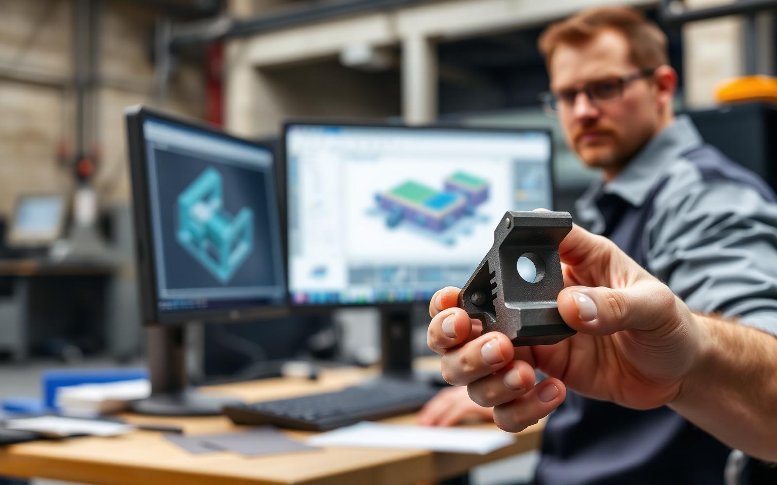 Engineer holding a machined bracket in the foreground with CAD models visible on monitors behind