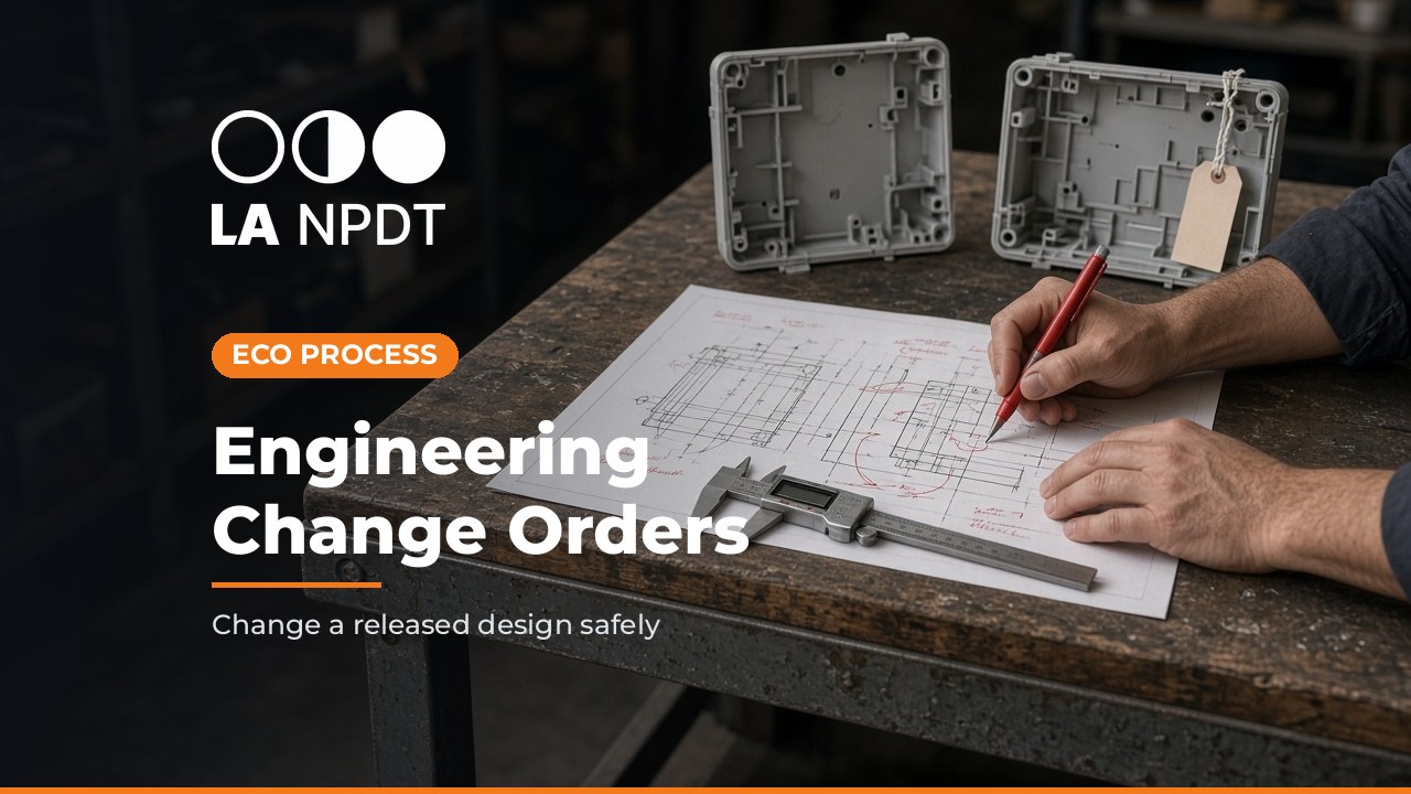 Engineer reviewing a redlined drawing beside two revisions of a molded plastic housing during an engineering change order review