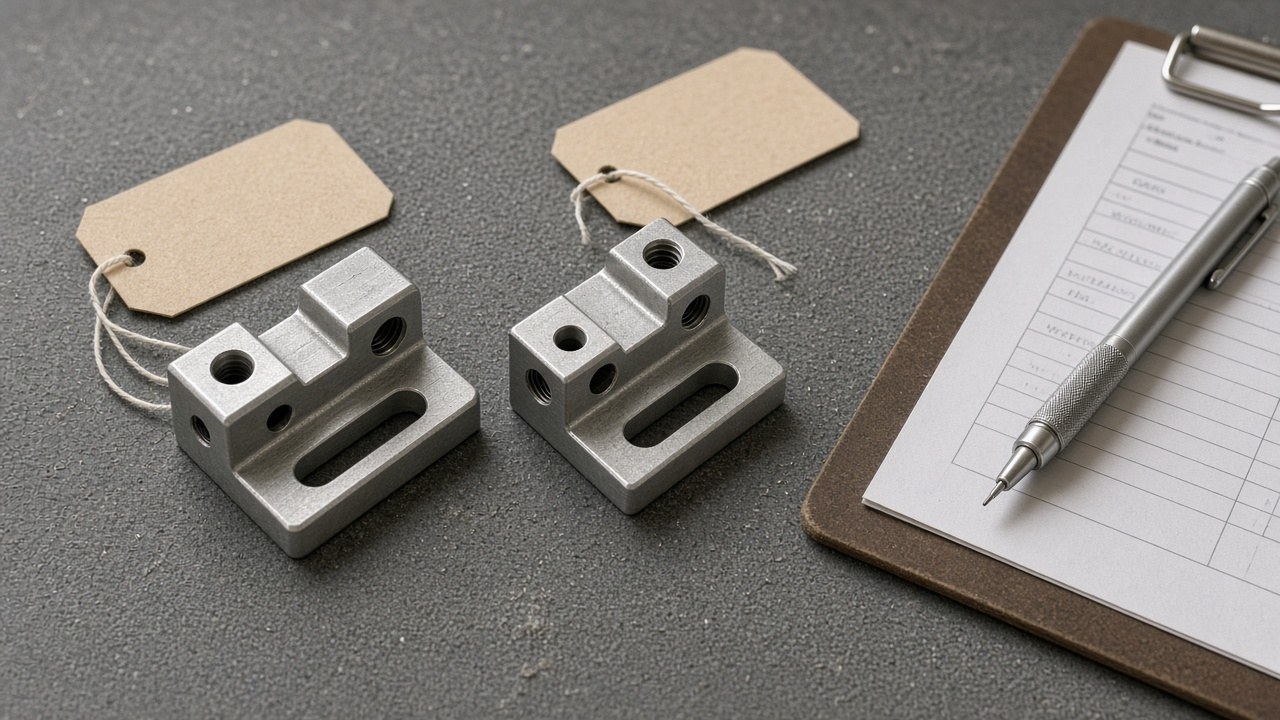 Two revisions of a machined bracket tagged side by side during an engineering change review