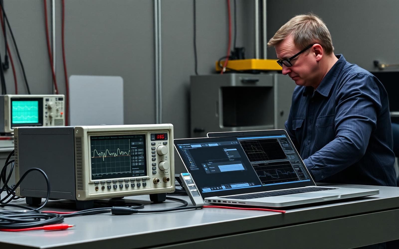 Engineer at a hardware test station with an oscilloscope, data-logging laptop and an instrumented product under test