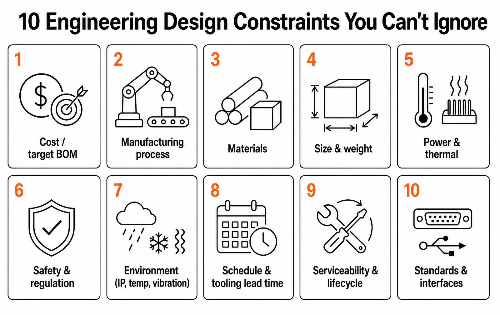 Grid of ten engineering design constraints including cost, manufacturing process, materials, size and weight, power and thermal, safety, environment, schedule, serviceability and standards