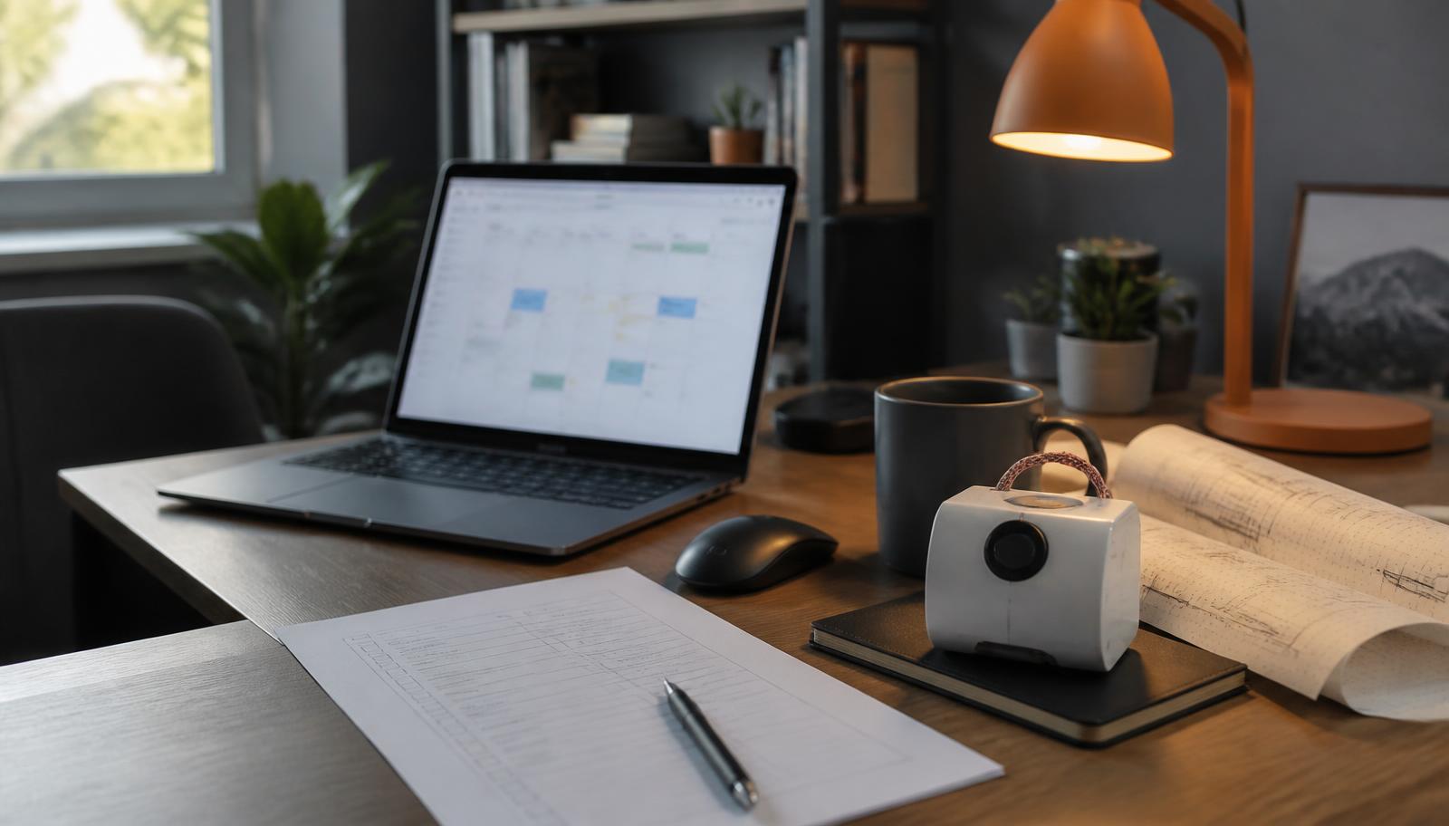 An entrepreneur's home office desk with a laptop showing a weekly calendar, a printed task list, coffee and a small product prototype