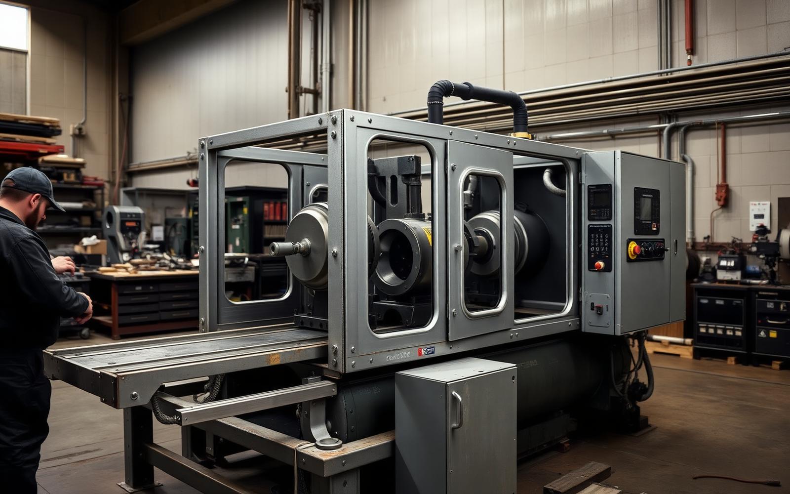 Technicians assembling a custom industrial machine with a welded steel frame and control cabinet in a fabrication shop