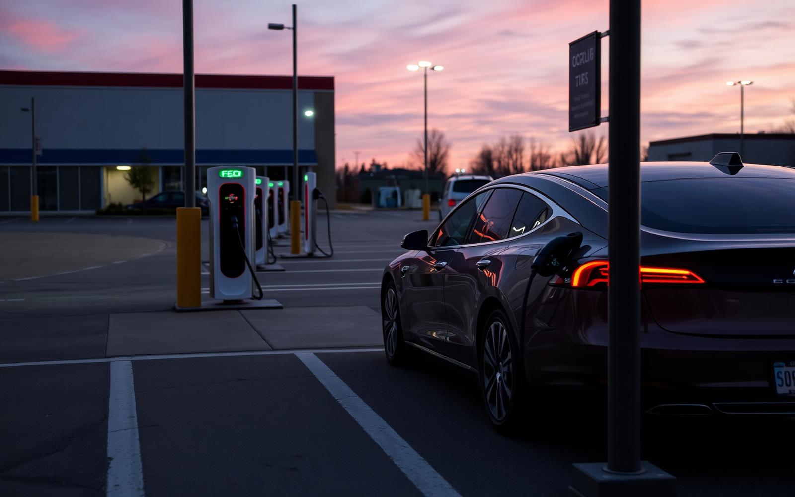 Row of DC fast chargers in a commercial parking lot at dusk with two EVs plugged in