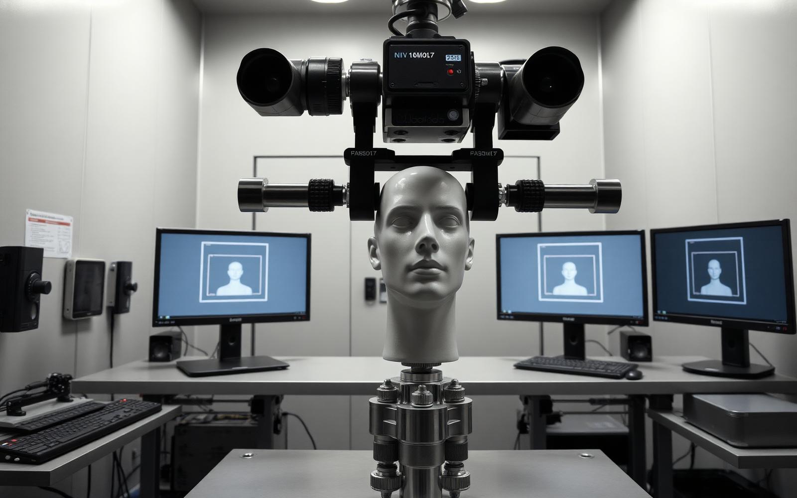 Camera modules on a test rig facing a mannequin head with monitors showing anonymized detection boxes in a computer-vision lab