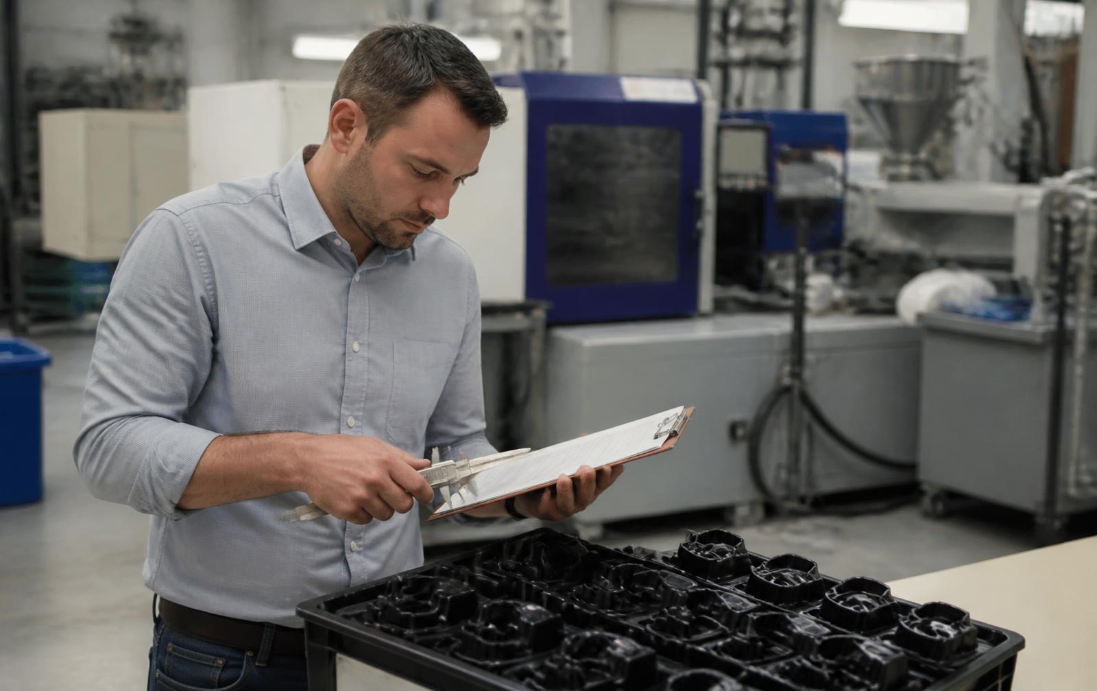 Sourcing engineer measuring first-article molded parts with calipers on a contract manufacturer's floor