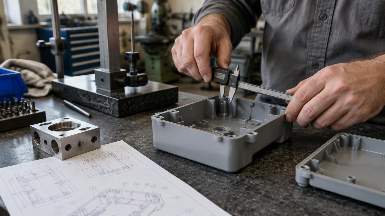 Engineer measuring a first article plastic housing against a ballooned production drawing on a metrology bench
