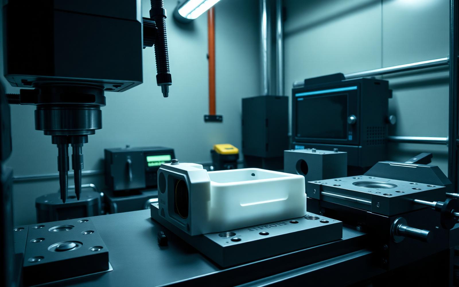 CMM probe measuring an injection molded housing at a first article inspection station