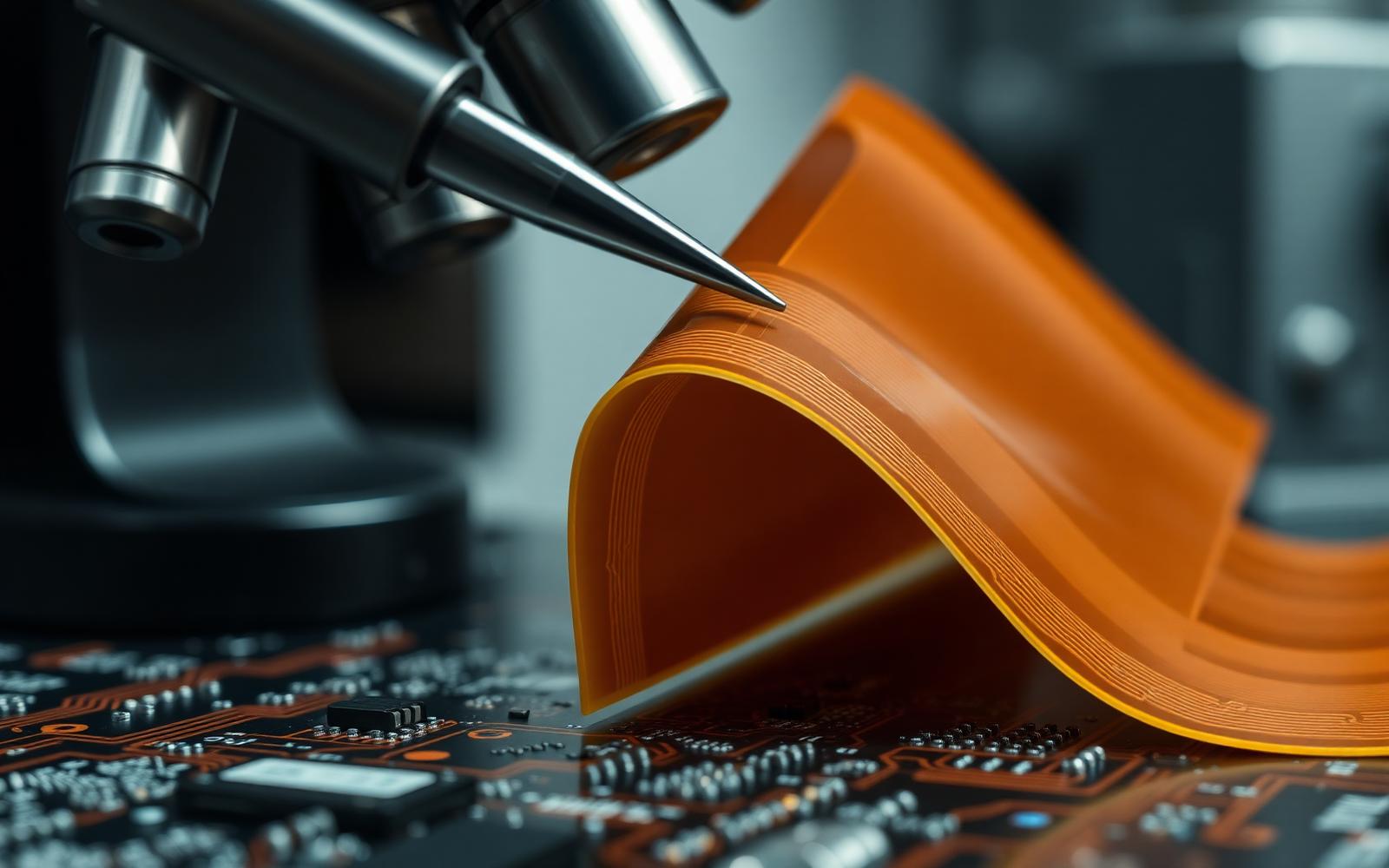 Flexible polyimide circuit being bent with tweezers under a microscope on an electronics bench