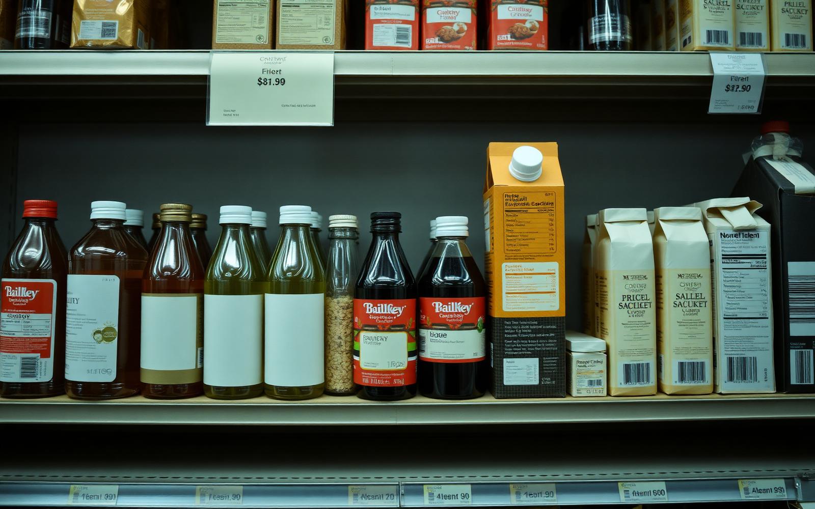Consumer packaged goods bottles and cartons lined up on a retail shelf