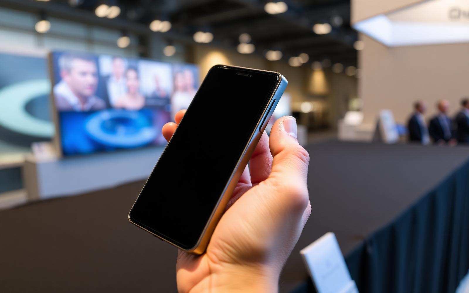 Foldable smartphone prototype held in hand at a trade show exhibition hall