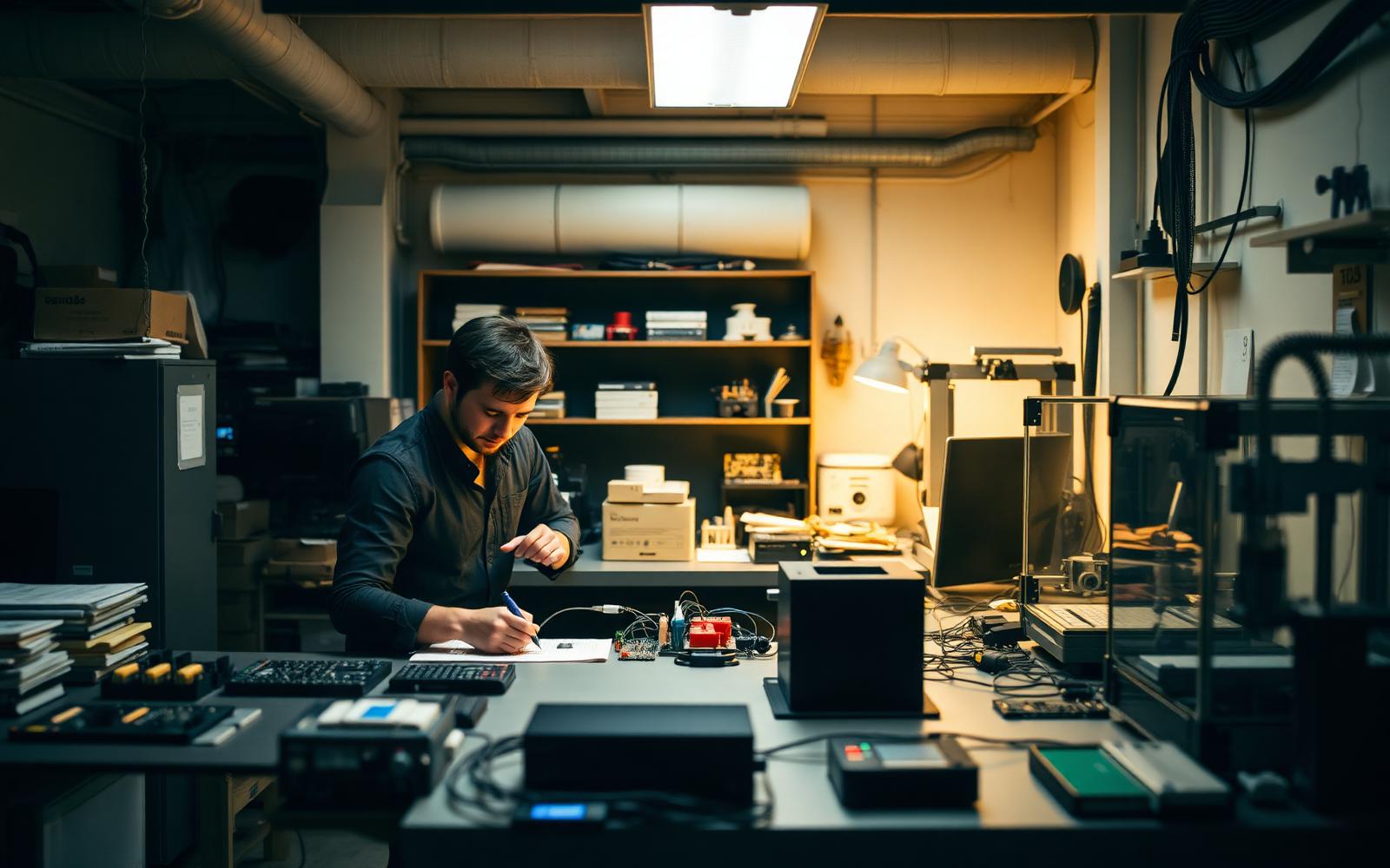 Hardware startup workshop with electronics prototypes, soldering station and a desktop 3D printer