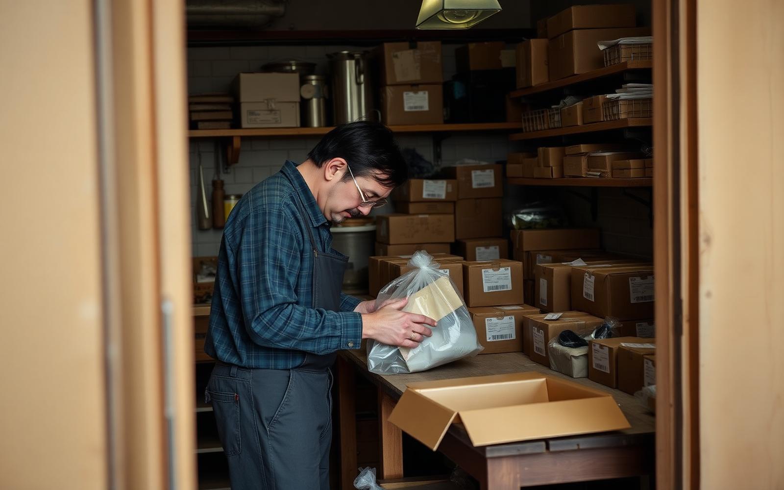 Maker packing handmade products into labelled shipping boxes in a small home workshop