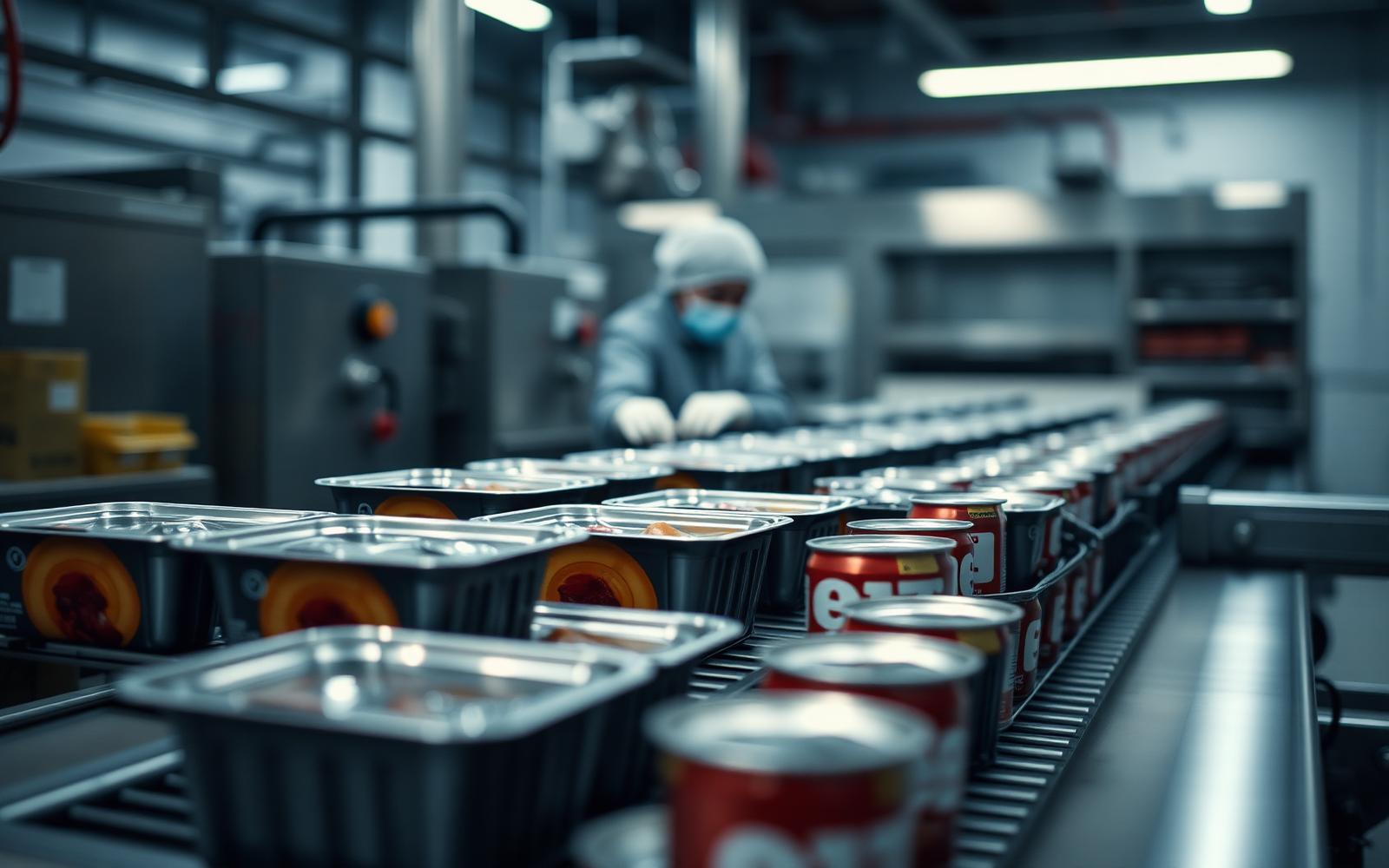 Sealed food trays and cans moving along a stainless conveyor on a holiday food packaging line