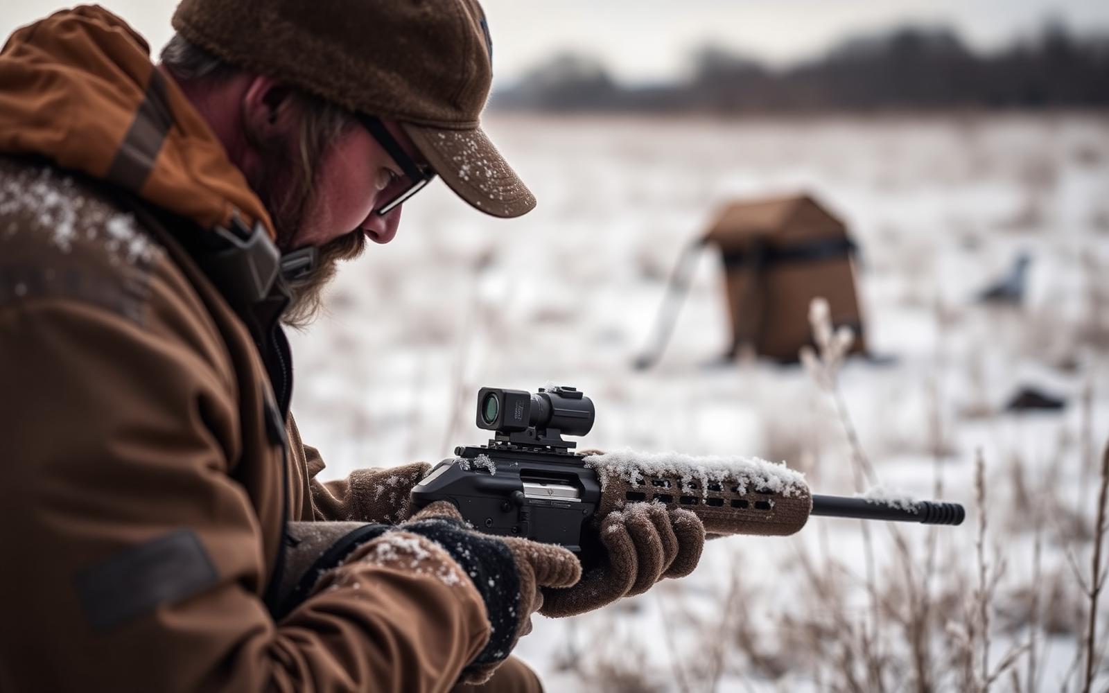 Hunter field-testing a rifle-mounted accessory and coated pack fabric in frost at dawn