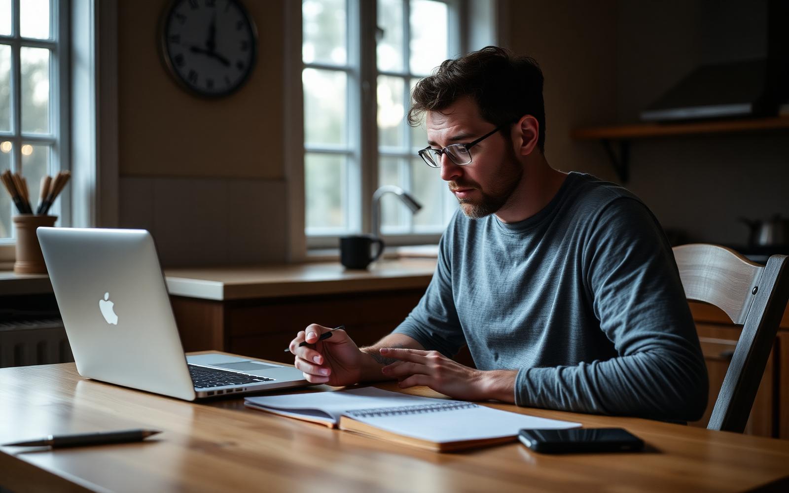 Inventor working at a kitchen table with a notebook, laptop and cardboard mockup