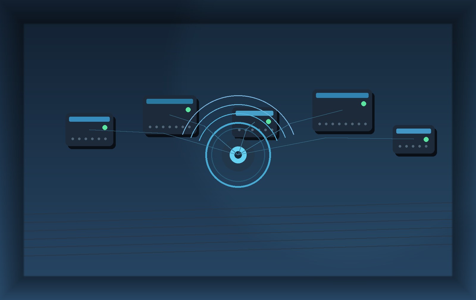 Industrial sensor nodes and signal rings representing factory sensing, IIoT connectivity, and process monitoring hardware