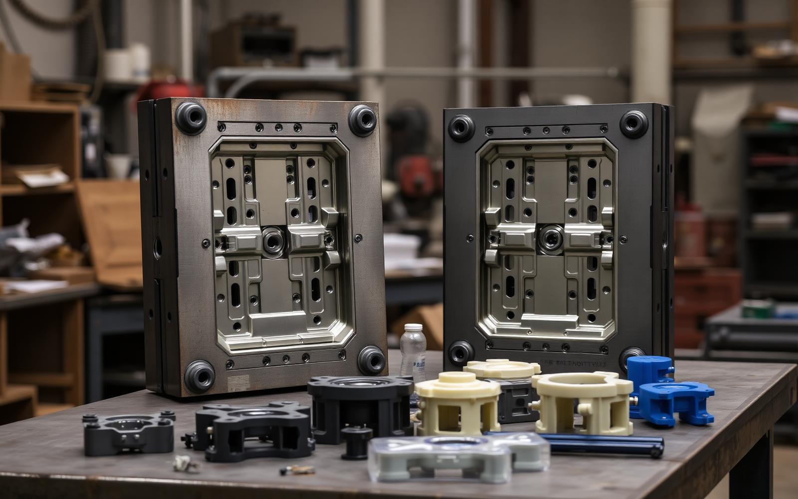 Steel injection mold tool halves open on a machine shop table beside molded plastic parts and runners