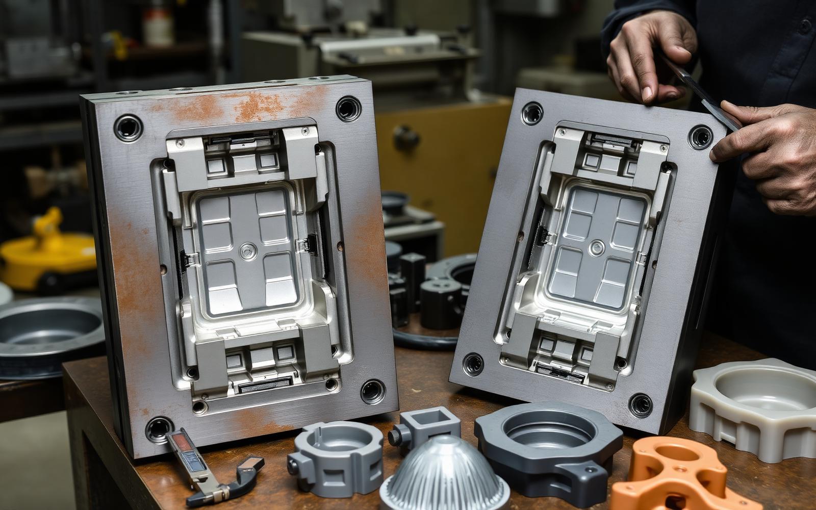 Steel injection mold halves and molded parts inspected during a design for manufacturability review