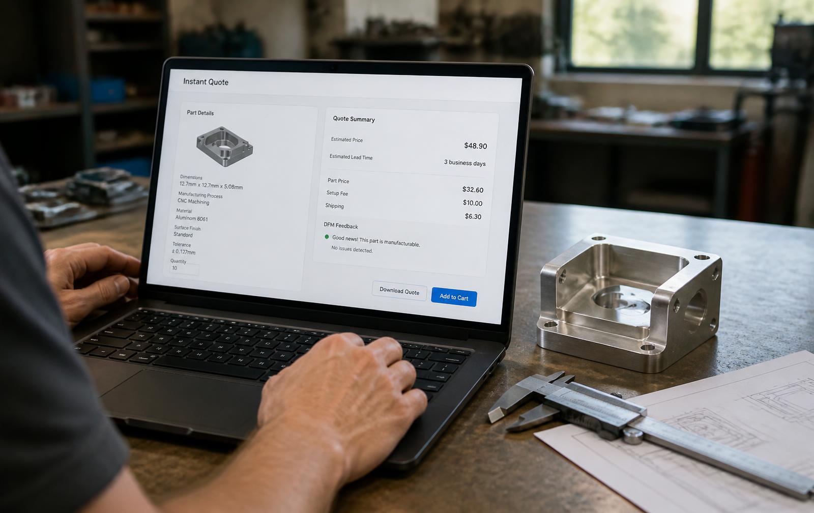 Laptop showing an instant manufacturing quote next to a machined aluminum part and calipers on a workshop desk