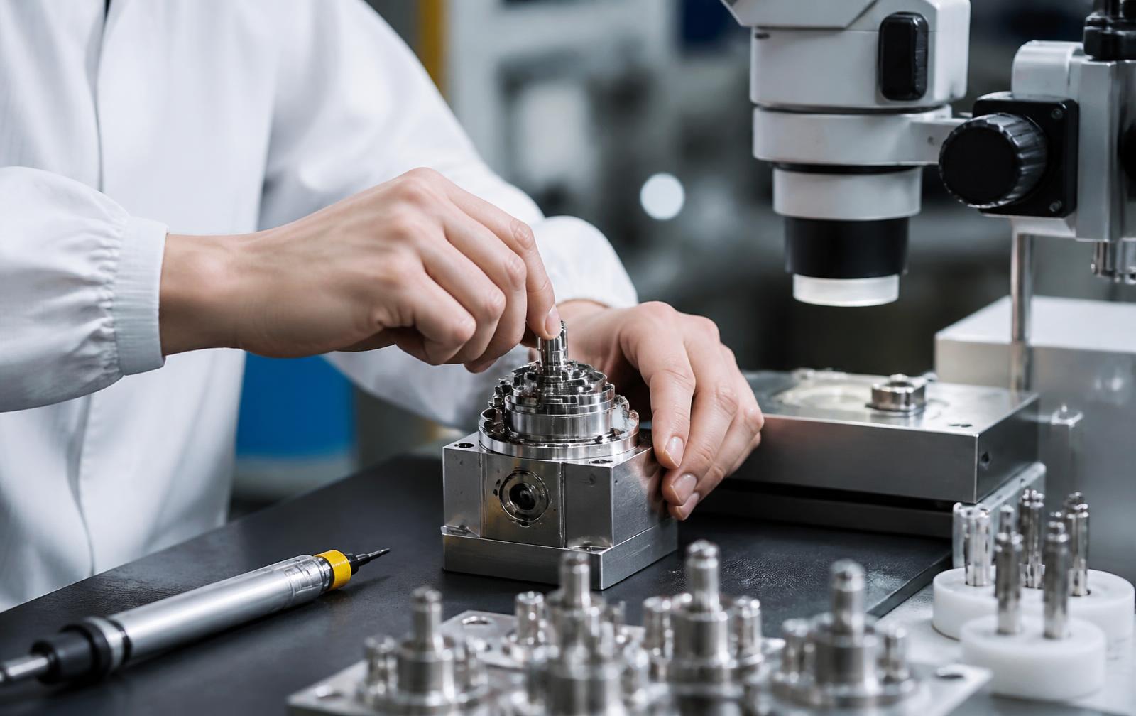 Technician assembling a precision mechanism, the modern equivalent of an inventor building a patent model