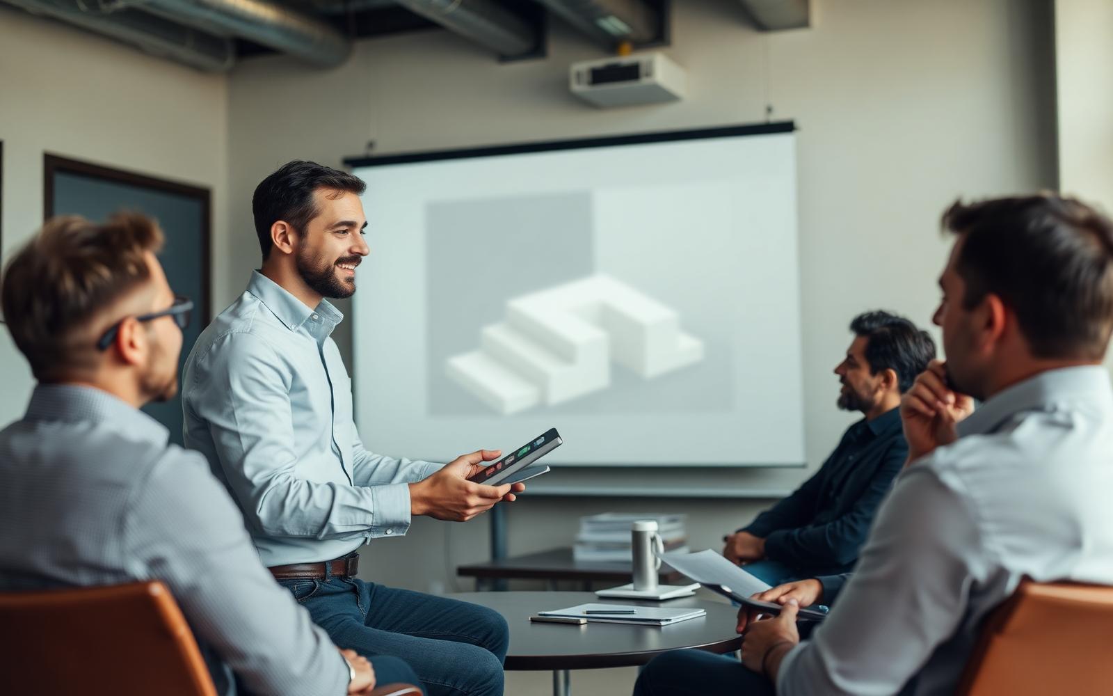 Founder presenting a physical product prototype to seated investors in a conference room