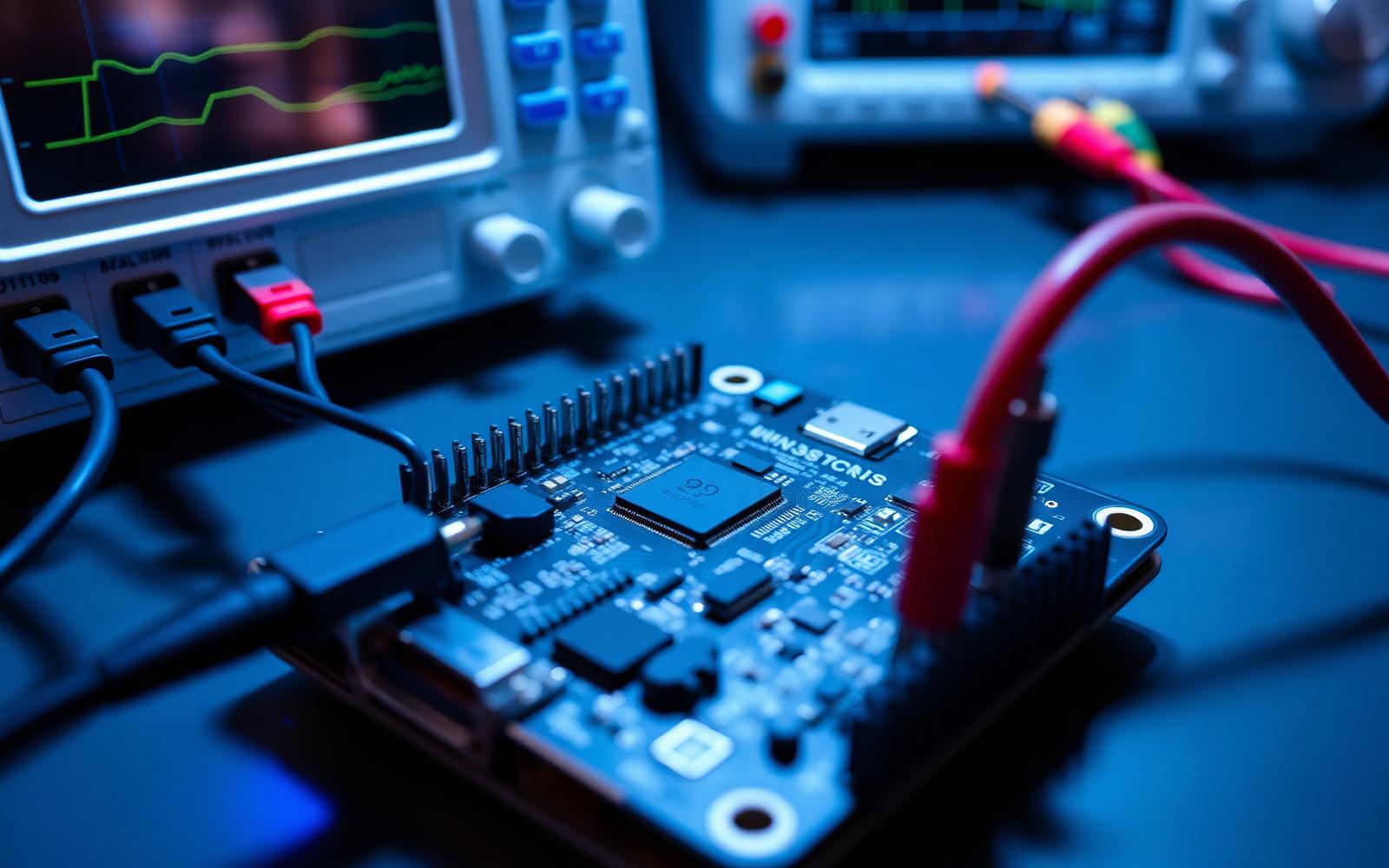 Connected device circuit board on a test bench with oscilloscope and logic analyzer probes attached