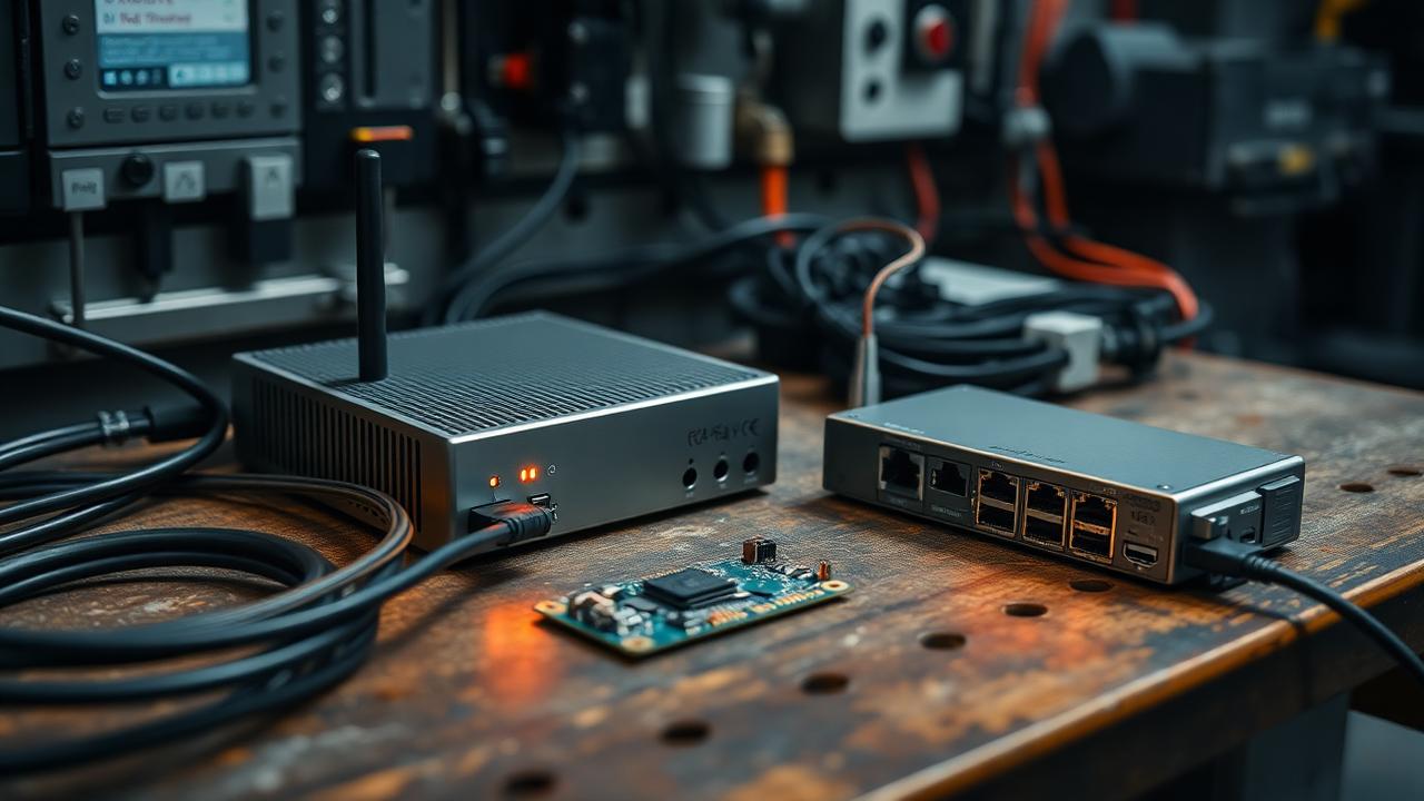 An IoT security gateway, network switch and sensor circuit board with antenna wired together on an industrial workbench