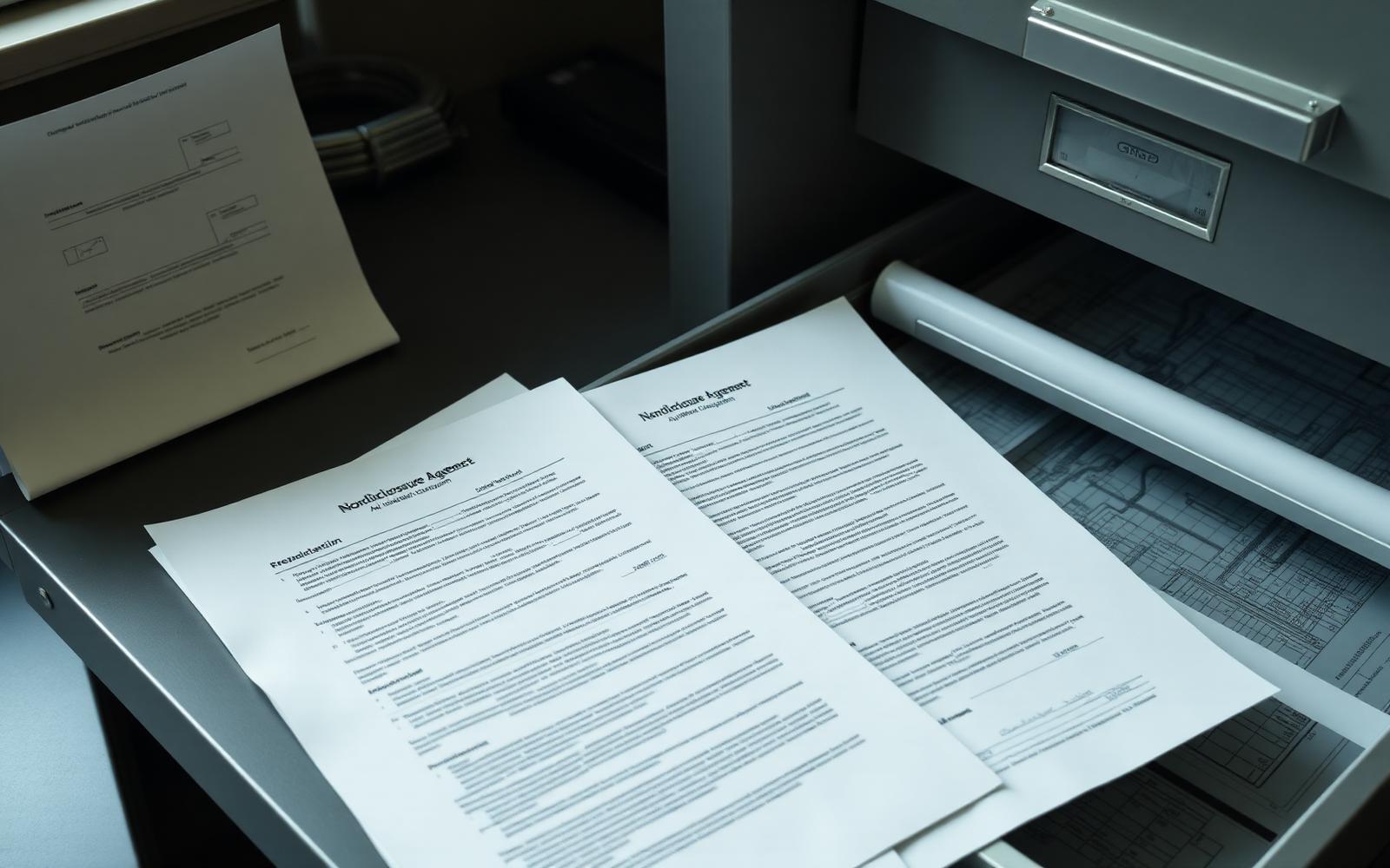 Nondisclosure agreement pages and technical drawings in a locked file drawer