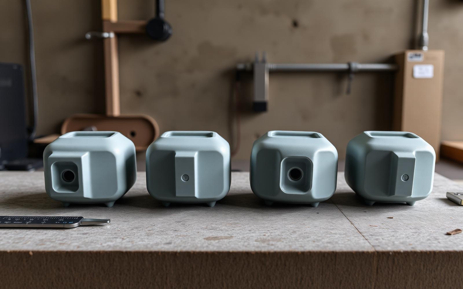 Four iterative 3D printed prototypes of a small device lined up from rough to refined