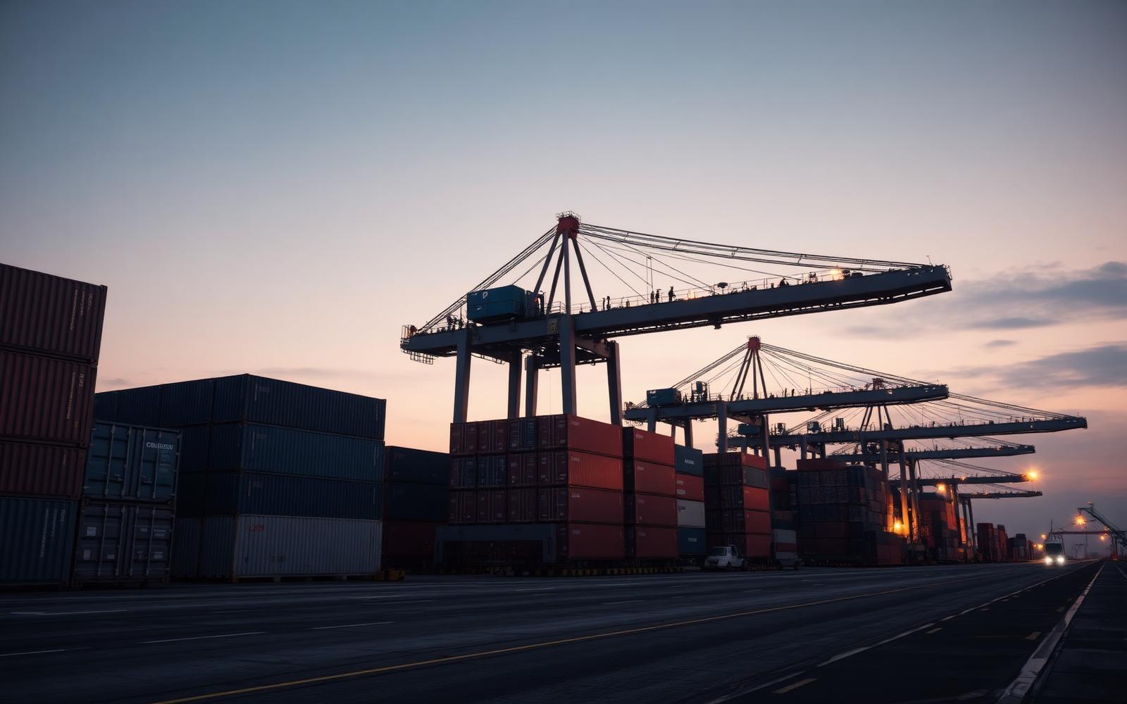 Container terminal at dusk with stacked shipping containers and gantry cranes