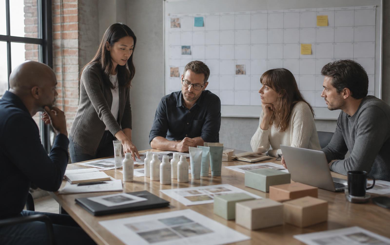 Launch readiness meeting with packaged product samples, carton mockups and a wall planning calendar