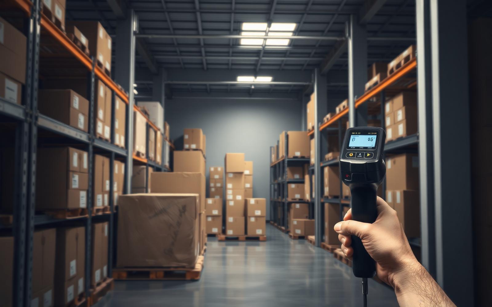 Warehouse aisle with retail-ready cartons on pallets being scanned before a product launch