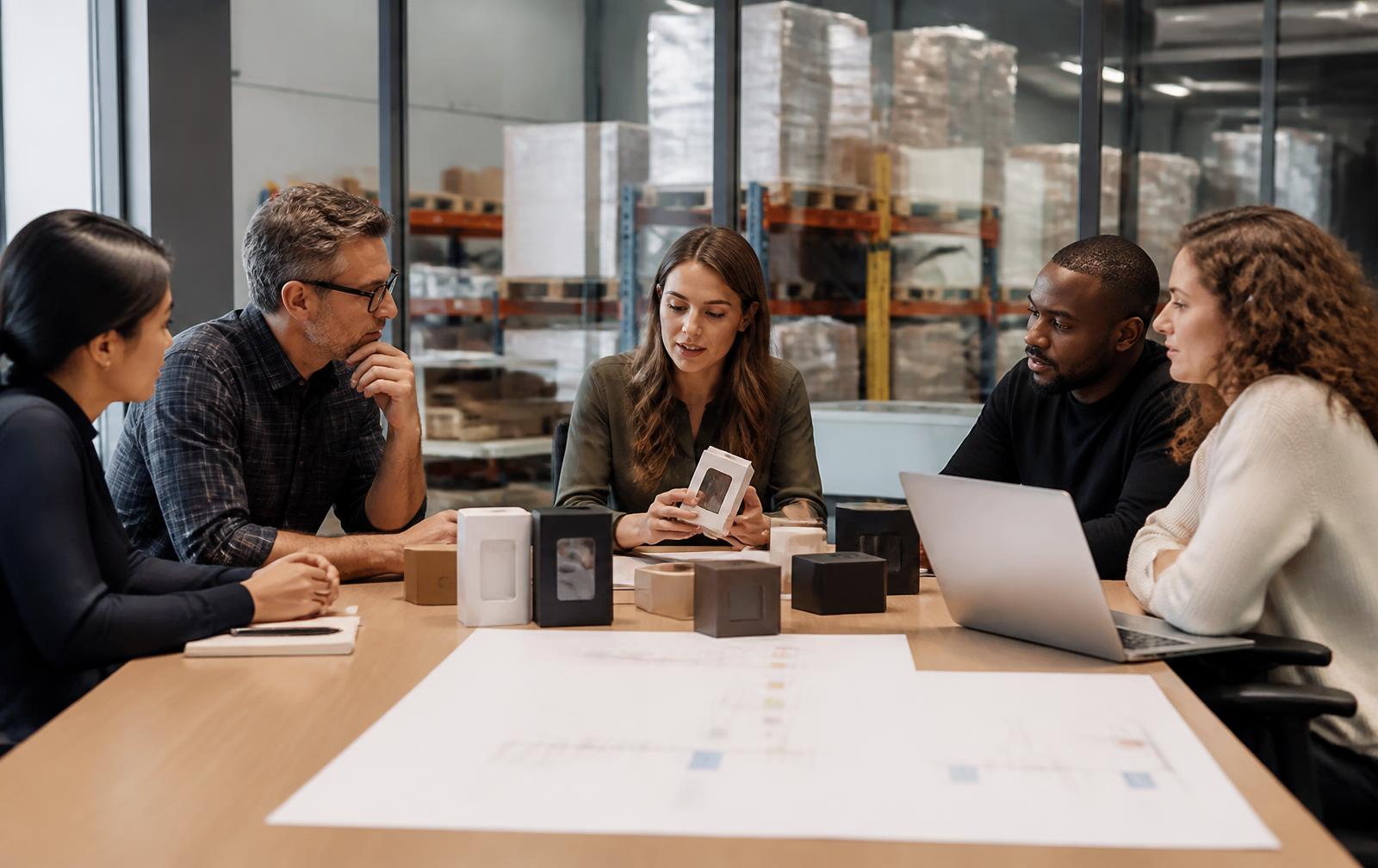 Cross-functional launch team reviewing retail packaging samples and a launch timeline