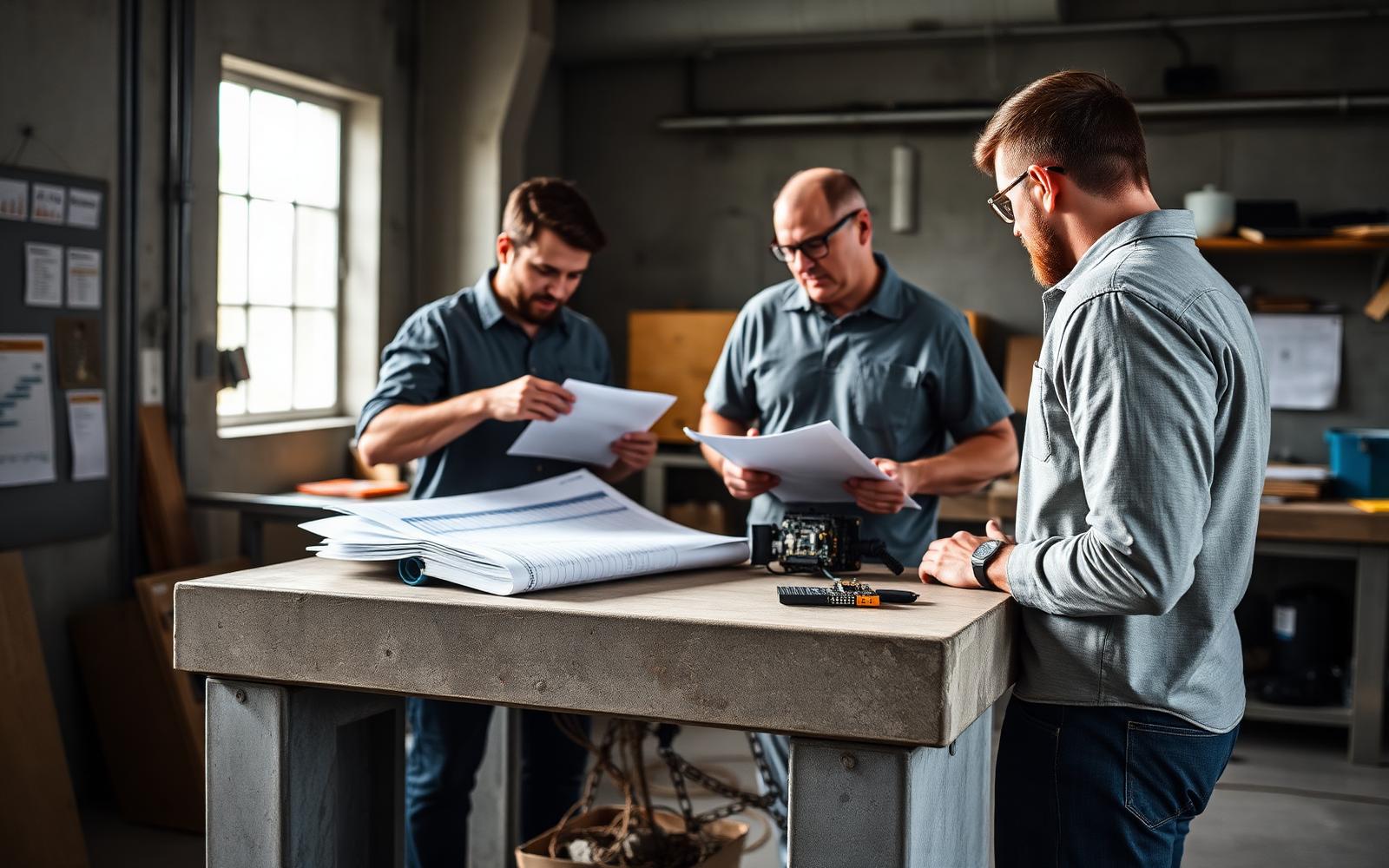 Product development team reviewing prototype hardware and printed schedules on a workshop bench to identify wasted time and cost