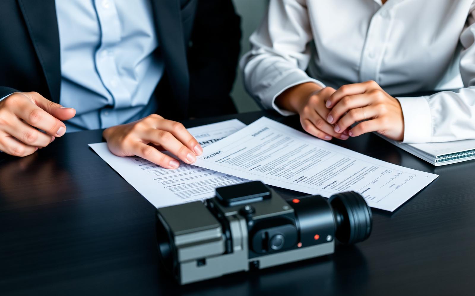 Two people reviewing a printed licensing agreement at a table beside a product prototype