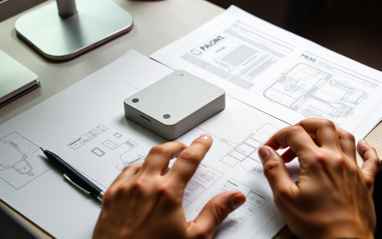 Desk with a plain product prototype, patent-style drawings and hands reviewing licensing documents