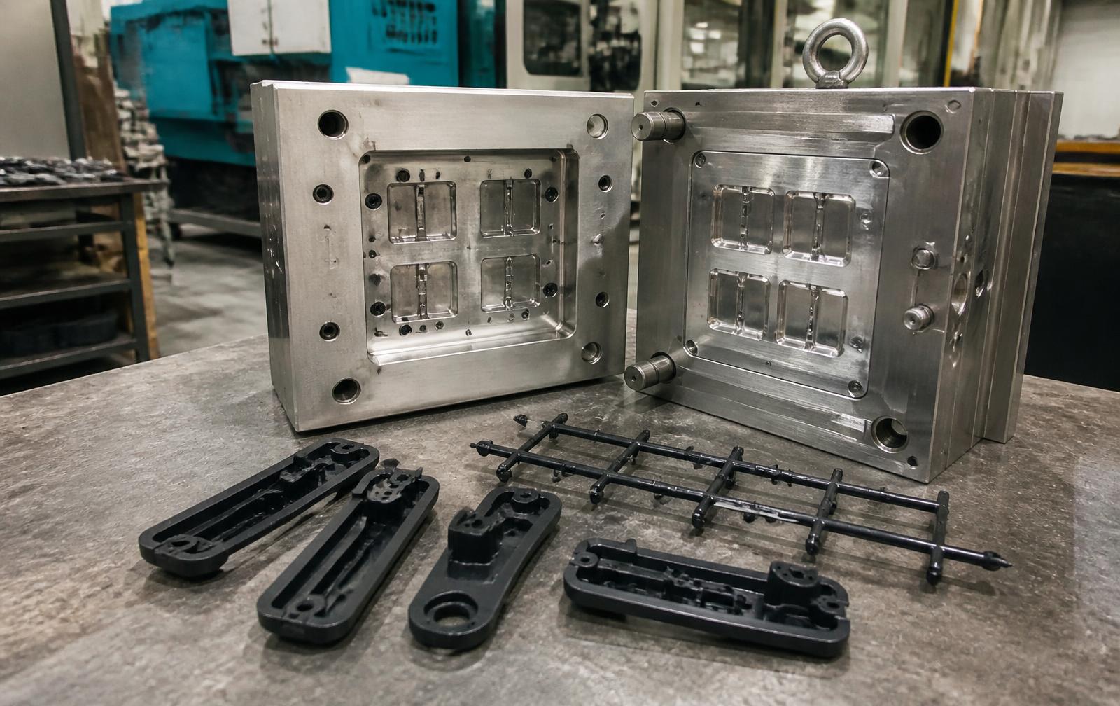 Open aluminum injection mold on a bench next to black molded plastic parts and a sprue runner