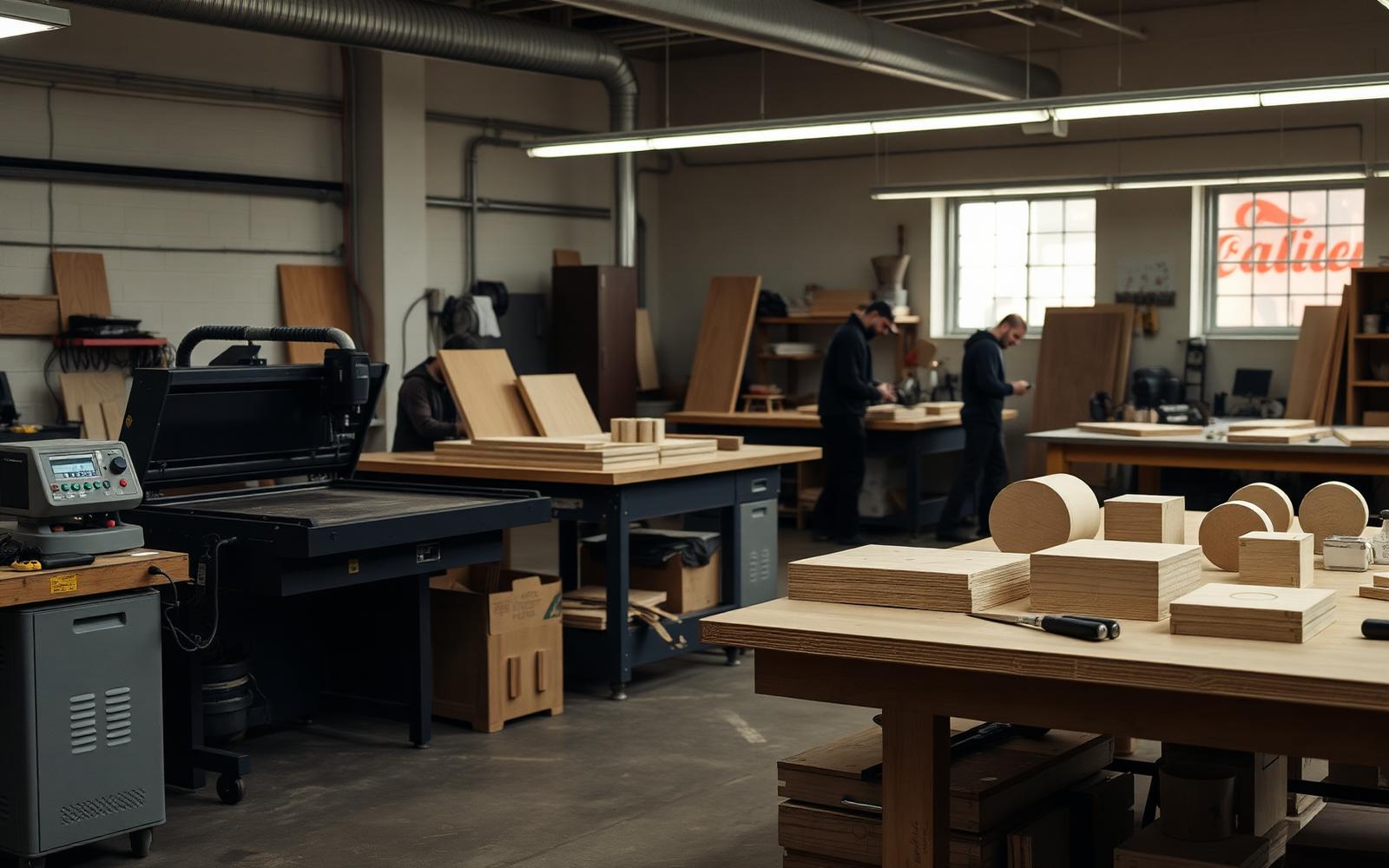 Community makerspace with laser cutter, workbenches and plywood prototypes with people working in the background