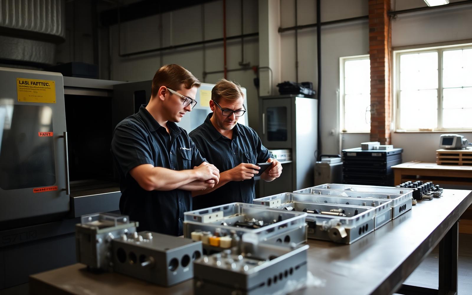 Two workers in safety glasses reviewing machined parts on a bench inside a small contract manufacturing workshop with a CNC mill in the background