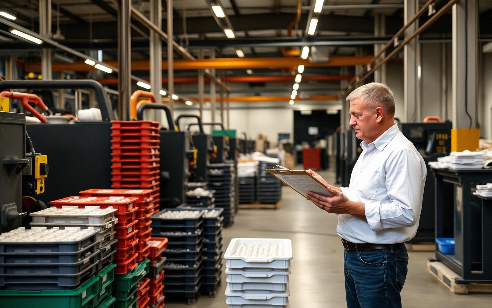 Quality inspector reviewing a cost sheet beside injection molding machines and bins of molded parts